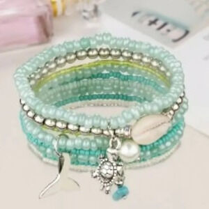NWT 3pcs Vibrant Ocean-inspired Green Glass Beaded Charm Bracelet Set w/ Charms